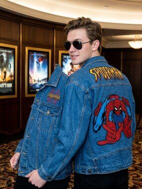 Vintage Marvel Spiderman Denim Jacket XL Blue Embroidered Back Patch Unisex EUC